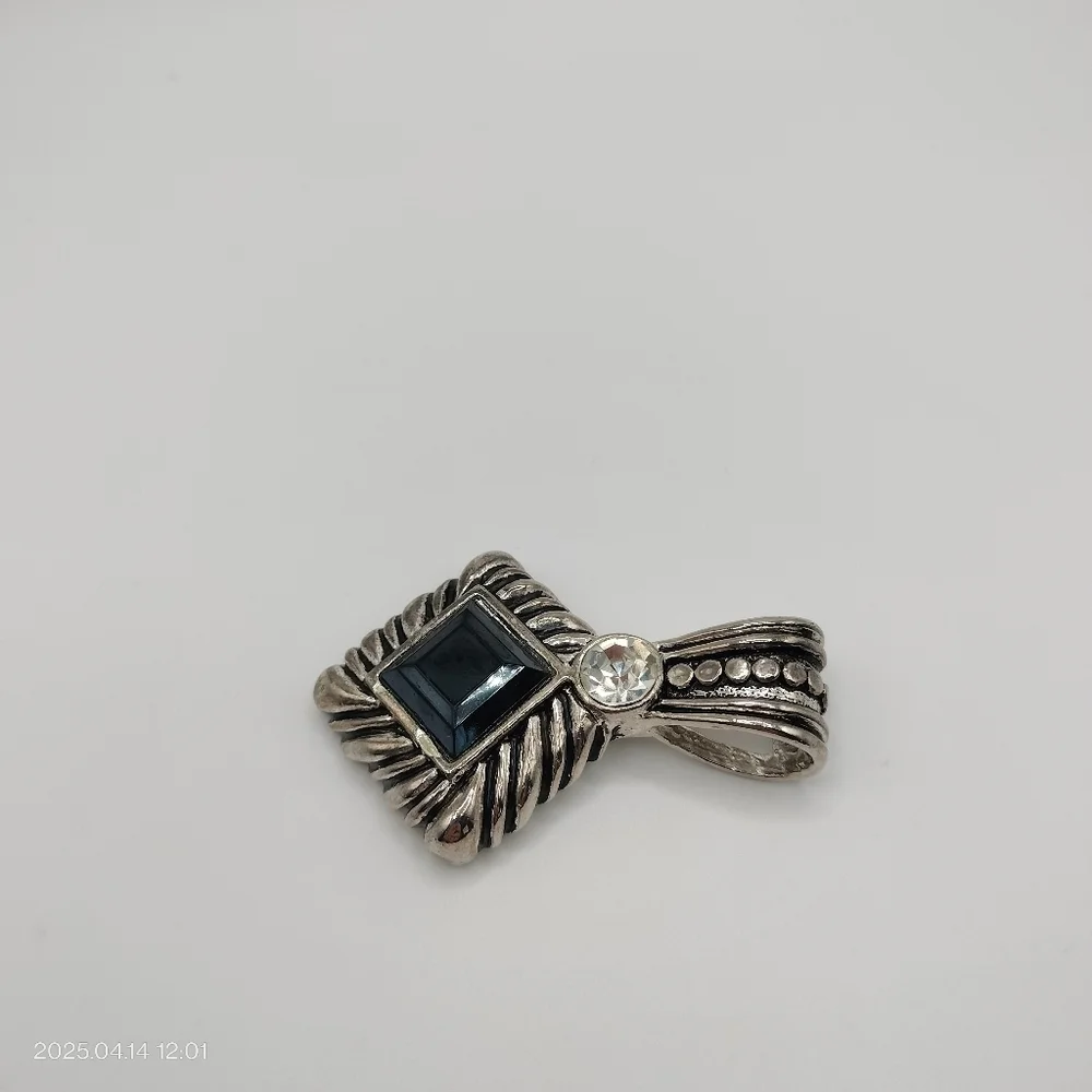 Women's Silver Tone and Black Square Pendant Accented Clear Rhinestone